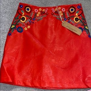 JENNA COUTURE RED LEATHER EMBROIDERED SKIRT